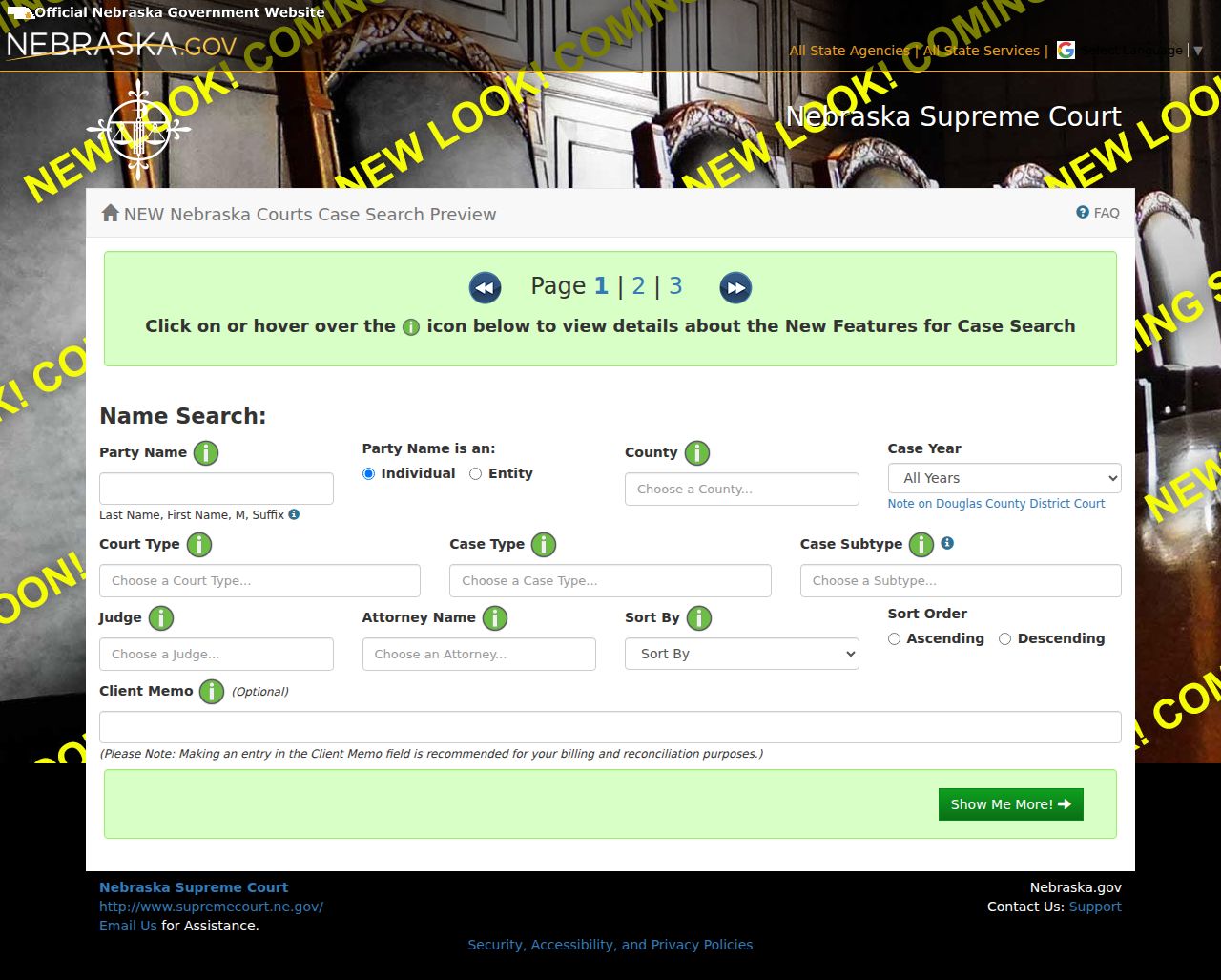 Custer County case search Nebraska JUSTICE search fields and filters