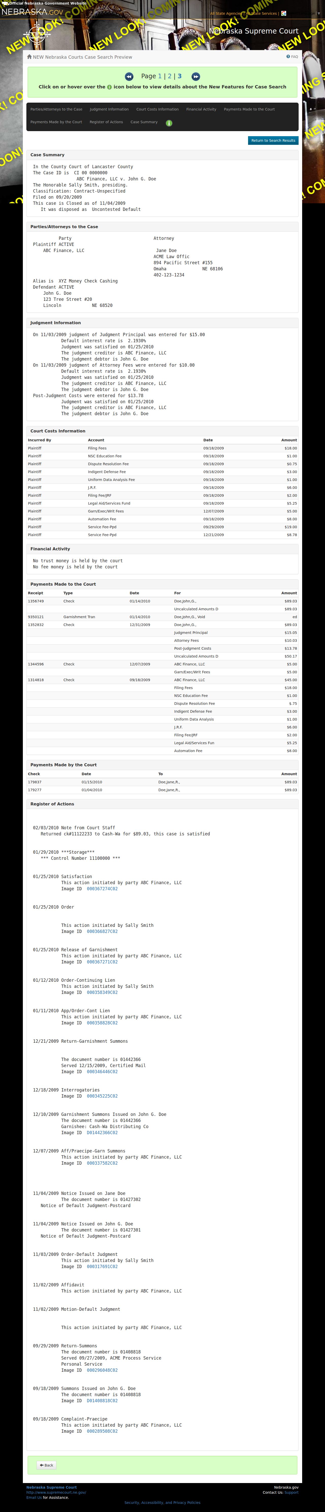 Custer County case search Nebraska JUSTICE Case Summary and Register of Actions result