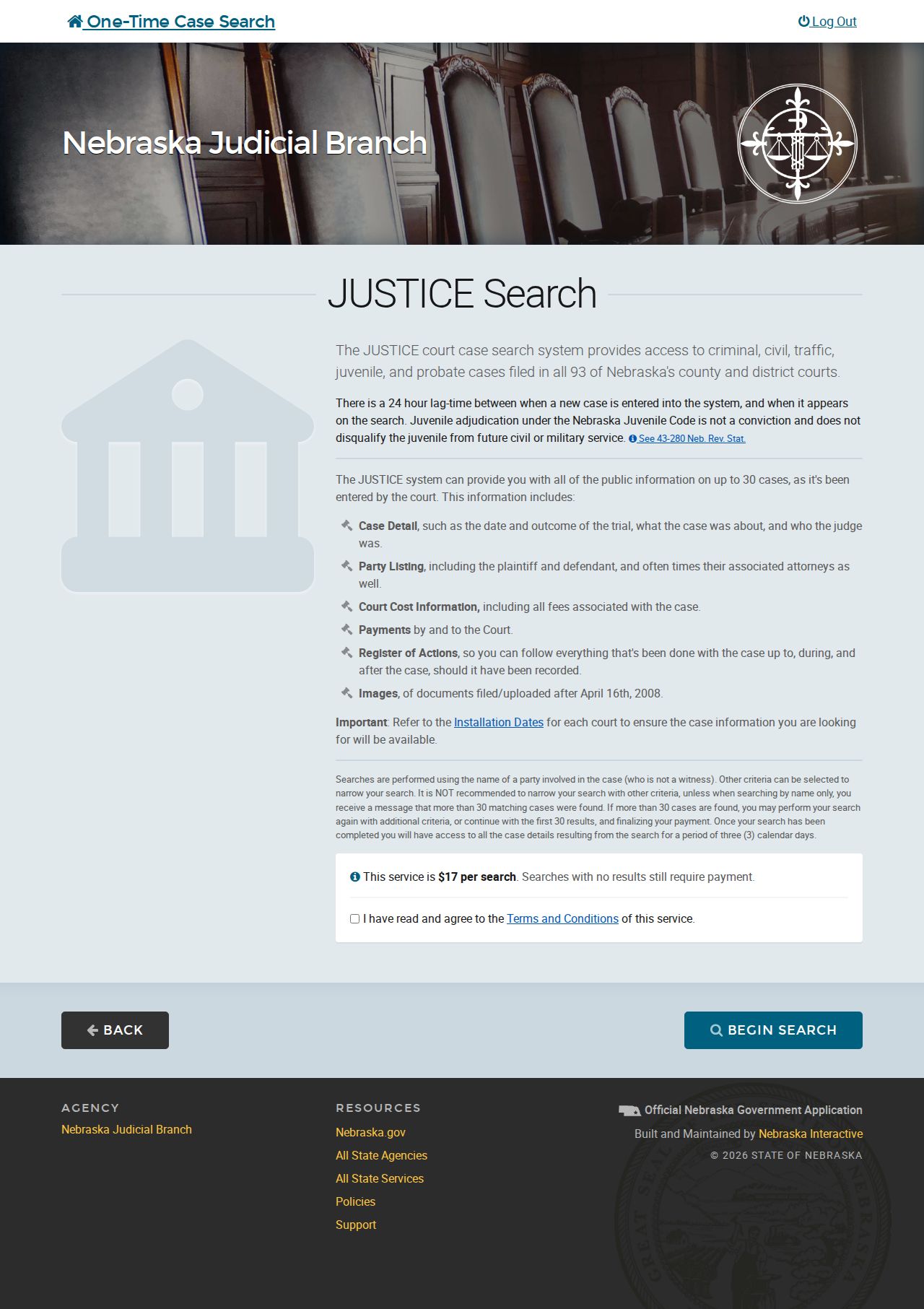 Custer County case search Nebraska JUSTICE live search entry