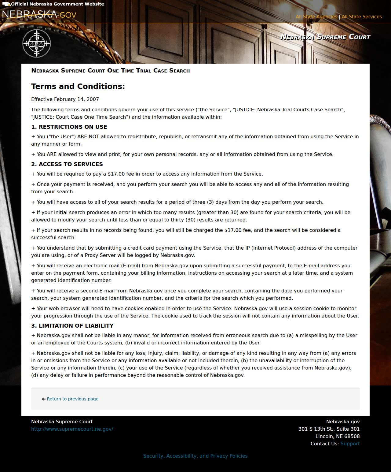 Custer County case search Nebraska JUSTICE terms and three-day detail window