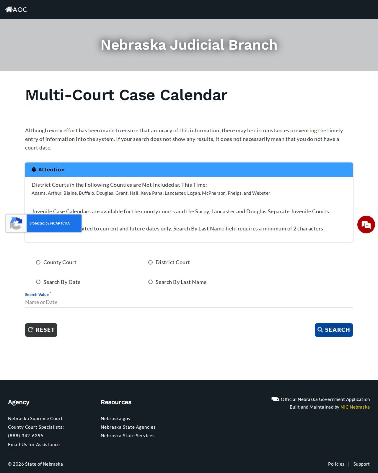 Custer County court calendar date and last-name search controls